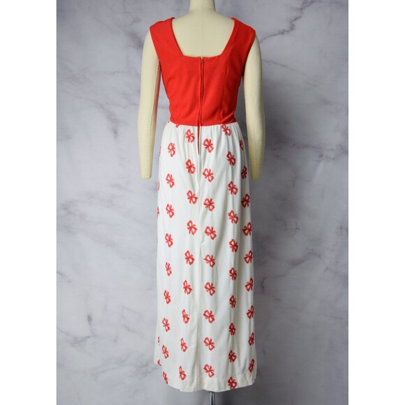 1960s Maxi Dress Size Medium 60s Red and White Gown Embroidered Bows Dress - Picture 4 of 10